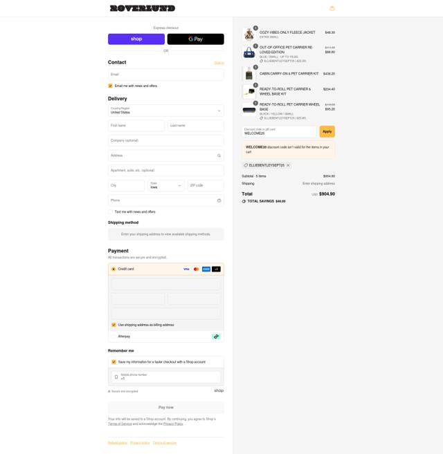 Roverlund checkout page showing Roverlund discount code box | Screenshot taken by SimplyCodes community member on Sep 10, 2025
