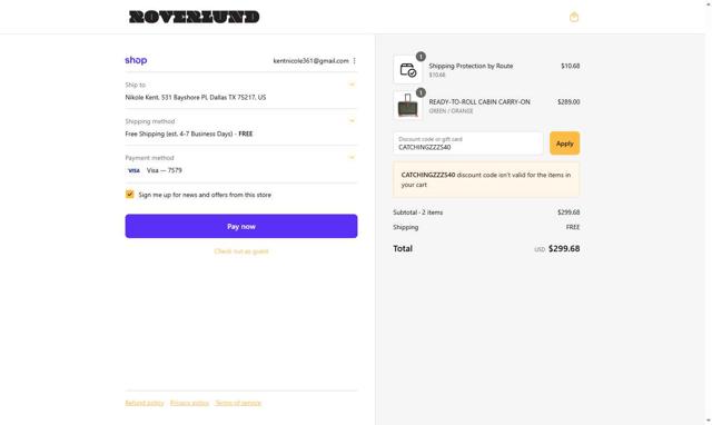 Roverlund checkout page showing Roverlund discount code box | Screenshot taken by SimplyCodes community member on Sep 10, 2025