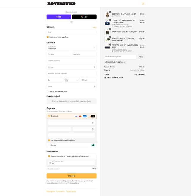 Roverlund checkout page showing Roverlund discount code box | Screenshot taken by SimplyCodes community member on Sep 6, 2025