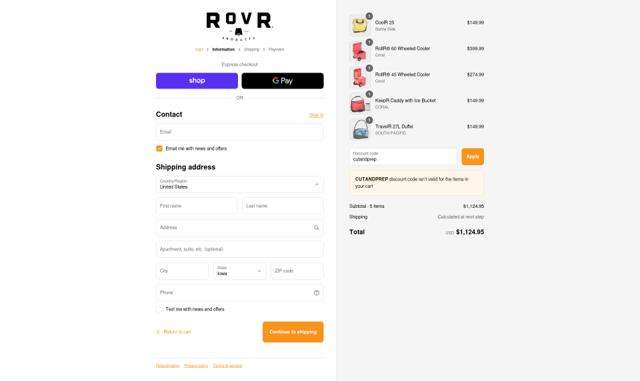 RovR Products checkout page showing RovR Products promo code box | Screenshot taken by SimplyCodes community member on Sep 13, 2025