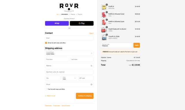 RovR Products checkout page showing RovR Products promo code box | Screenshot taken by SimplyCodes community member on Sep 13, 2025
