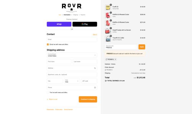 RovR Products checkout page showing RovR Products promo code box | Screenshot taken by SimplyCodes community member on Sep 9, 2025