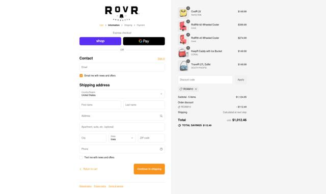 RovR Products checkout page showing RovR Products promo code box | Screenshot taken by SimplyCodes community member on Sep 9, 2025