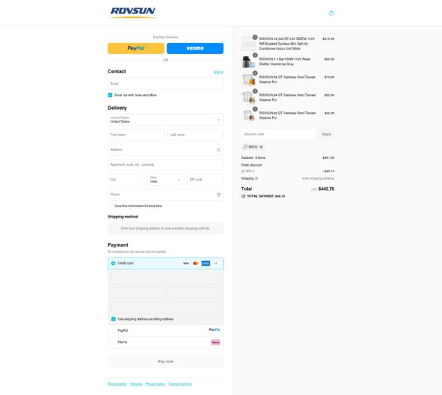 Rovsun checkout page showing Rovsun discount code box | Screenshot taken by SimplyCodes community member on Sep 11, 2025