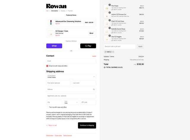 Rowan checkout page showing Rowan discount code box | Screenshot taken by SimplyCodes community member on Aug 29, 2025