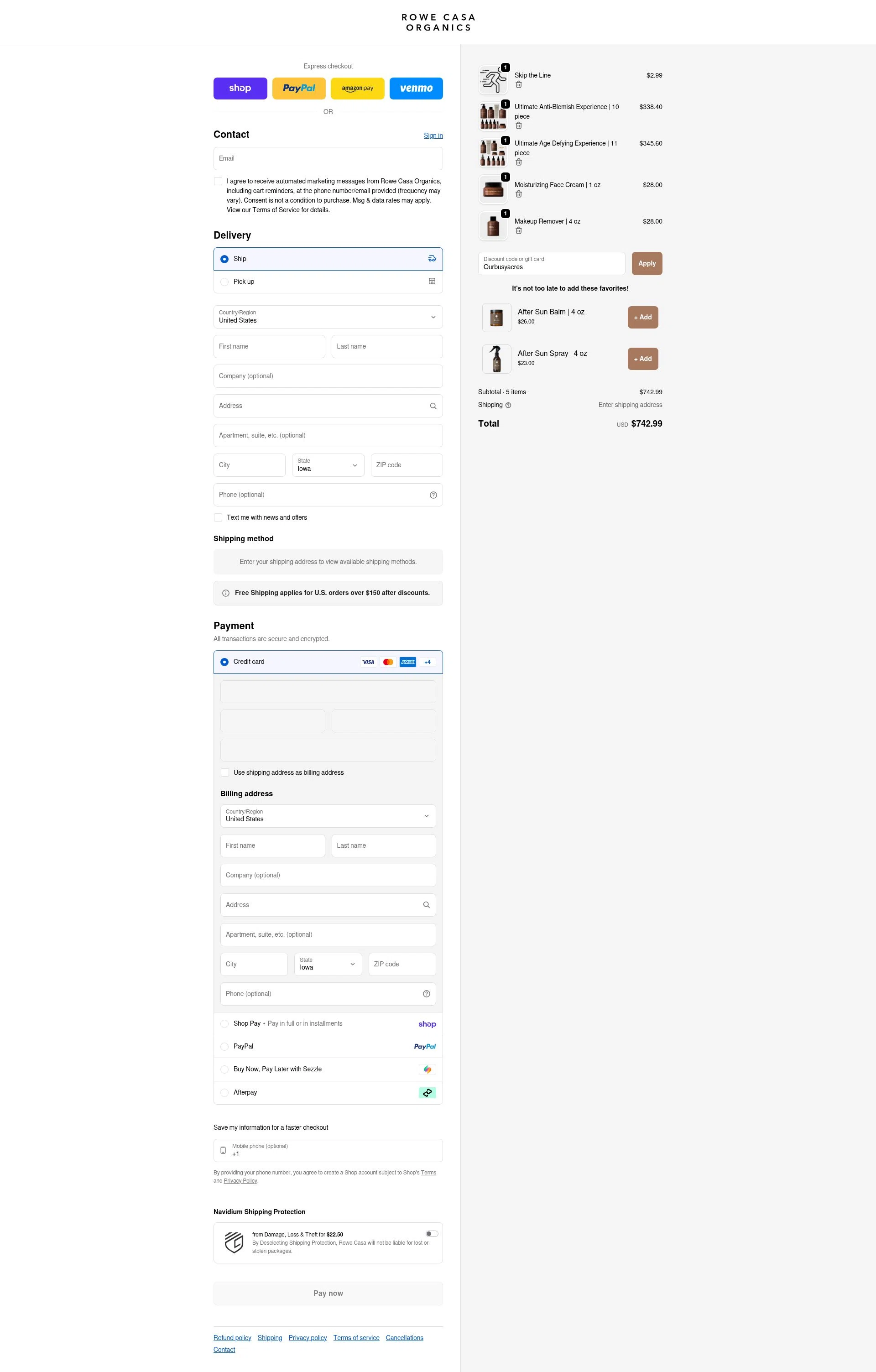 Rowe Casa Organics checkout page showing Rowe Casa Organics discount code box | Screenshot taken by SimplyCodes community member on Feb 25, 2026