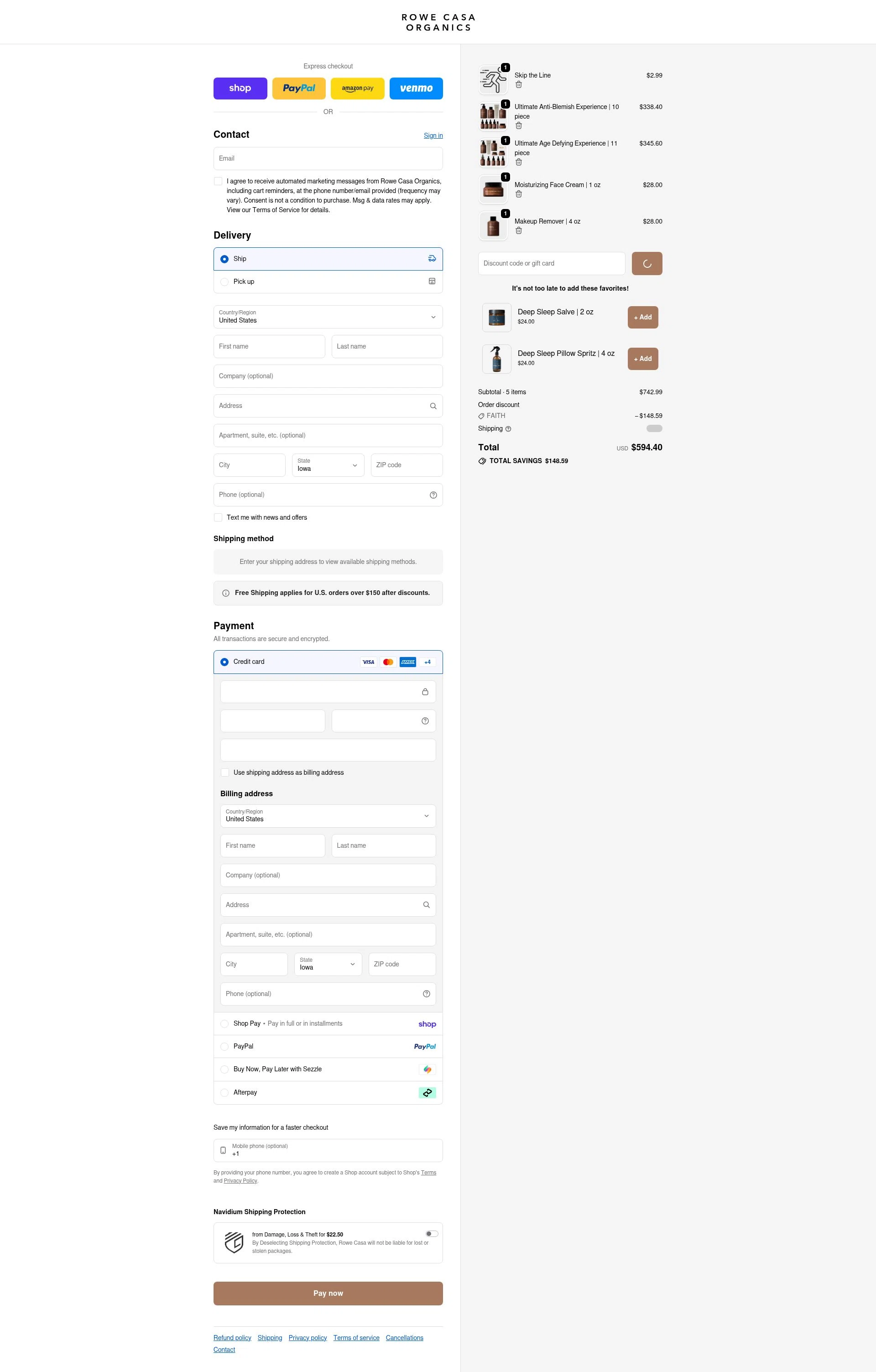 Rowe Casa Organics checkout page showing Rowe Casa Organics discount code box | Screenshot taken by SimplyCodes community member on Feb 25, 2026