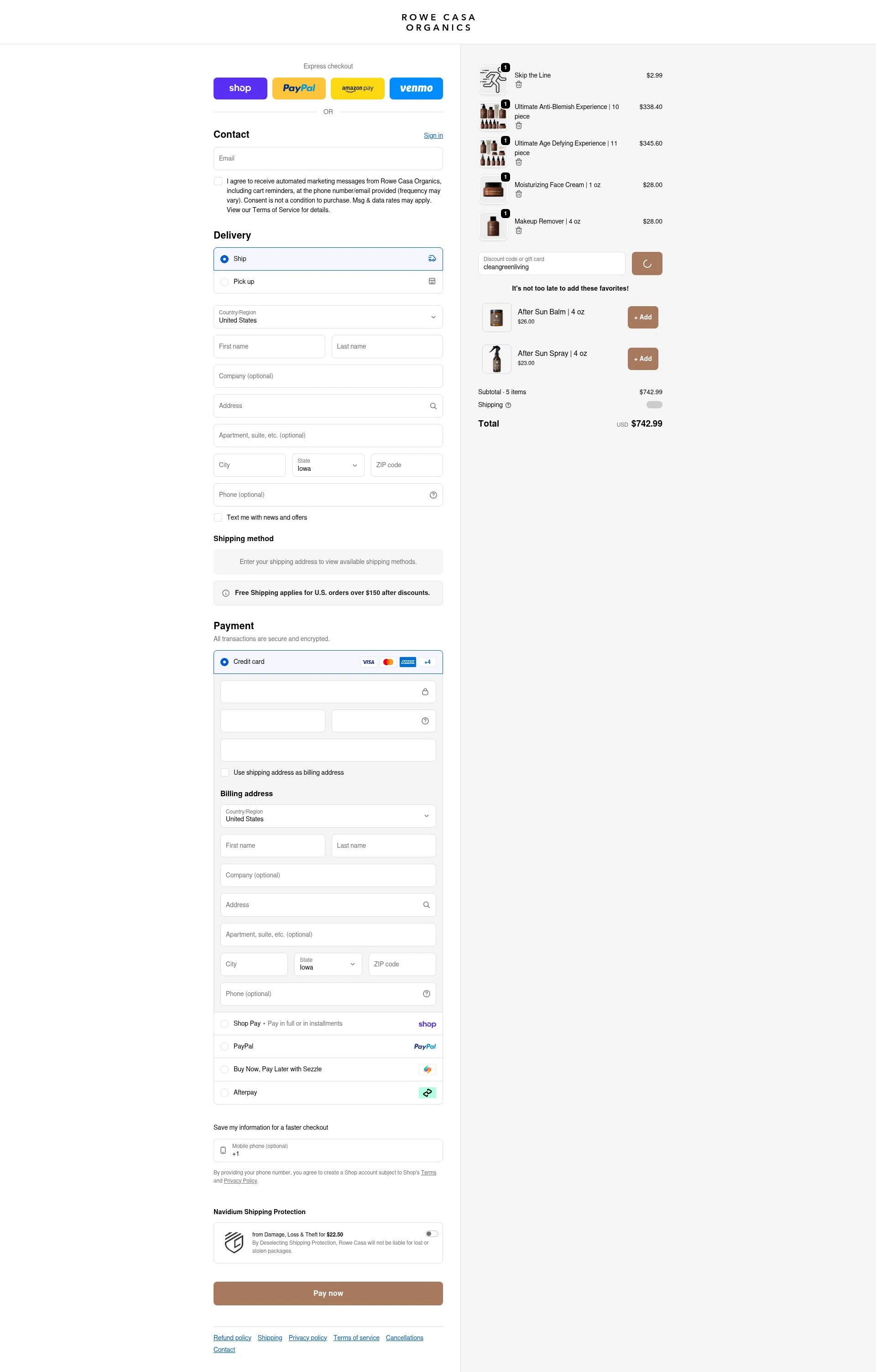 Rowe Casa Organics checkout page showing Rowe Casa Organics discount code box | Screenshot taken by SimplyCodes community member on Feb 25, 2026