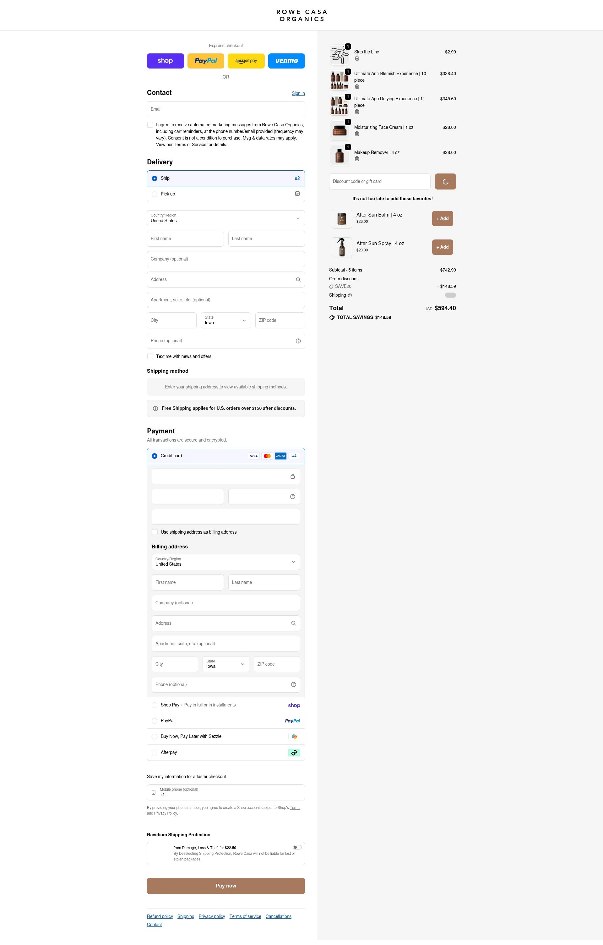 Rowe Casa Organics checkout page showing Rowe Casa Organics discount code box | Screenshot taken by SimplyCodes community member on Feb 25, 2026