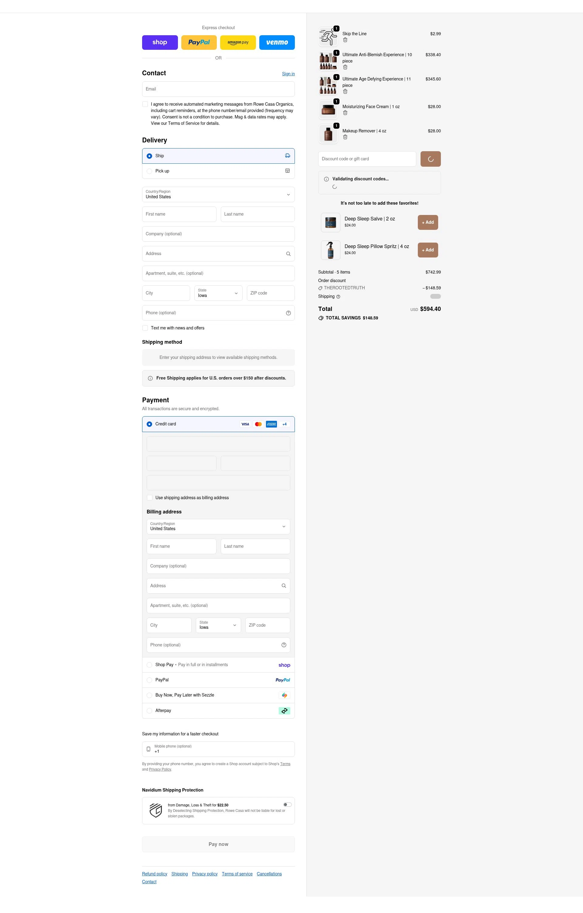 Rowe Casa Organics checkout page showing Rowe Casa Organics discount code box | Screenshot taken by SimplyCodes community member on Feb 25, 2026