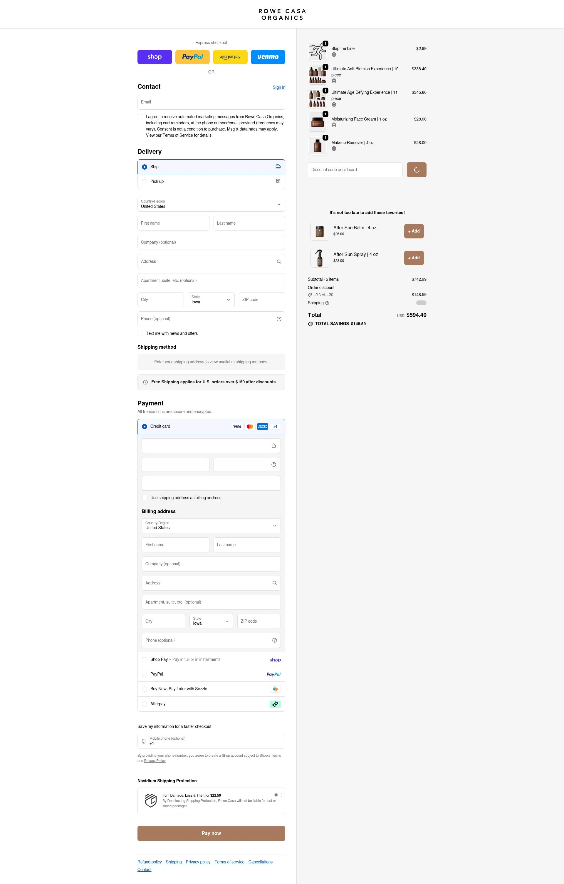 Rowe Casa Organics checkout page showing Rowe Casa Organics discount code box | Screenshot taken by SimplyCodes community member on Feb 25, 2026