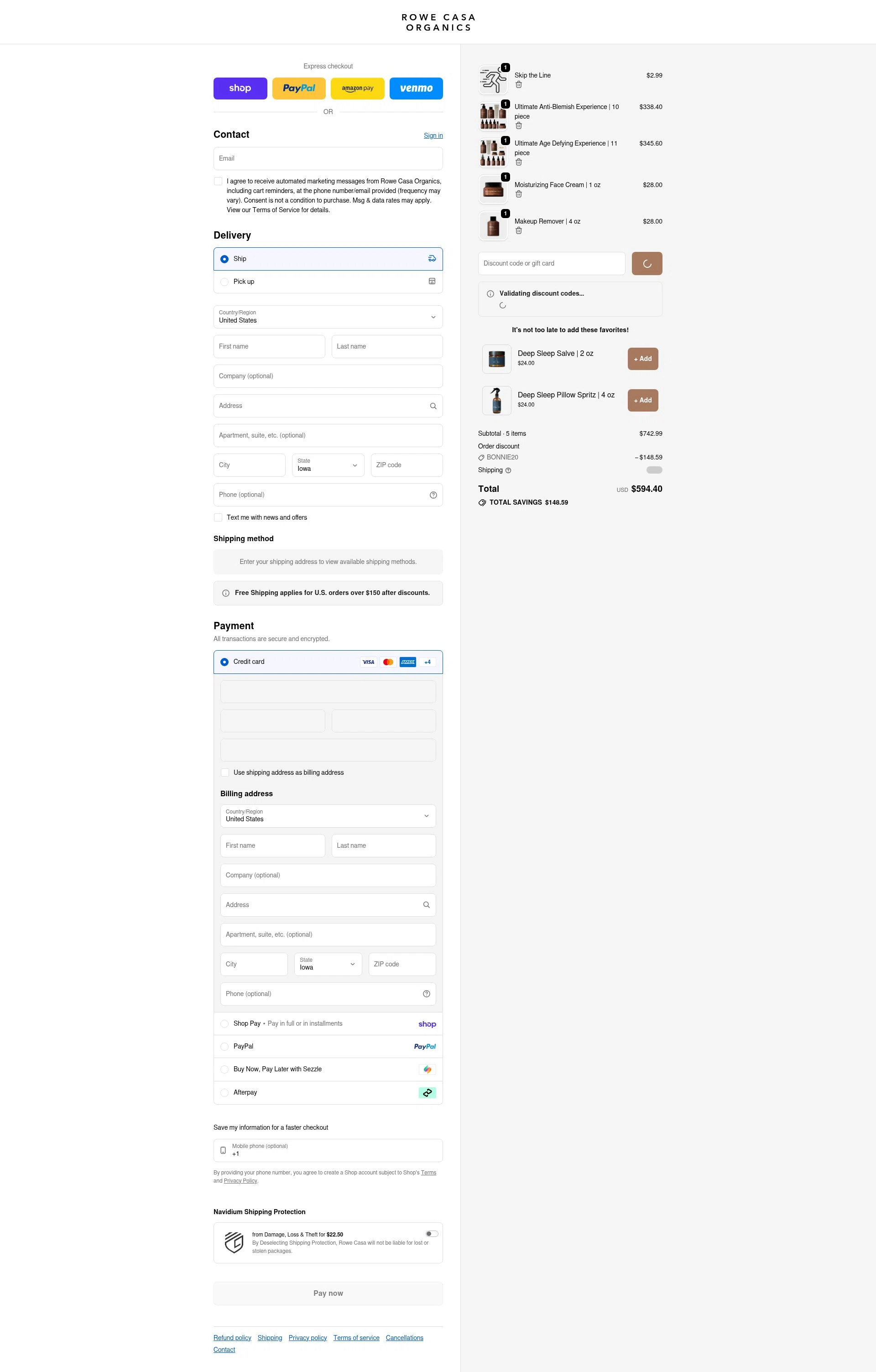 Rowe Casa Organics checkout page showing Rowe Casa Organics discount code box | Screenshot taken by SimplyCodes community member on Feb 25, 2026