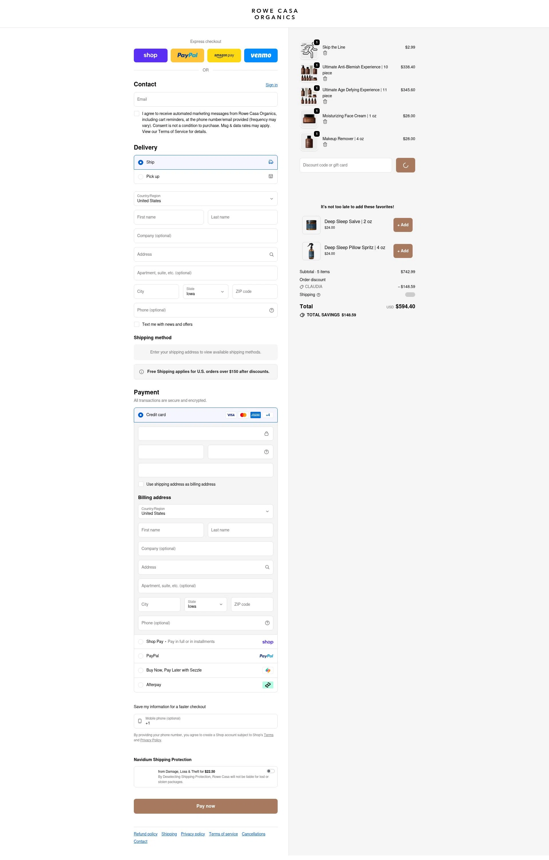 Rowe Casa Organics checkout page showing Rowe Casa Organics discount code box | Screenshot taken by SimplyCodes community member on Feb 25, 2026