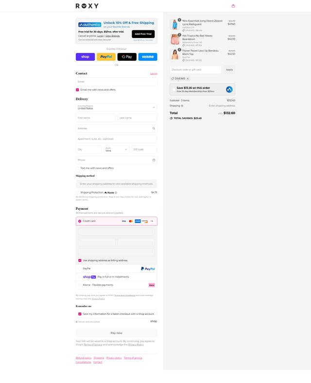 Roxy checkout page showing Roxy coupon code box | Screenshot taken by SimplyCodes community member on Aug 9, 2025