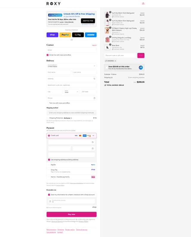 Roxy checkout page showing Roxy coupon code box | Screenshot taken by SimplyCodes community member on Sep 8, 2025