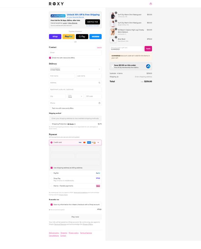 Roxy checkout page showing Roxy coupon code box | Screenshot taken by SimplyCodes community member on Aug 30, 2025