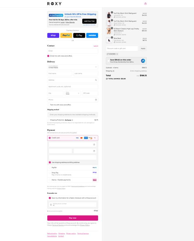 Roxy checkout page showing Roxy coupon code box | Screenshot taken by SimplyCodes community member on Aug 30, 2025