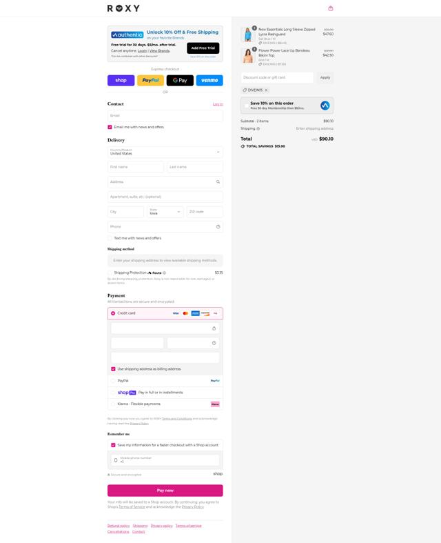 Roxy checkout page showing Roxy coupon code box | Screenshot taken by SimplyCodes community member on Aug 12, 2025