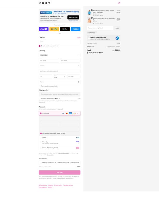 Roxy checkout page showing Roxy coupon code box | Screenshot taken by SimplyCodes community member on Aug 22, 2025