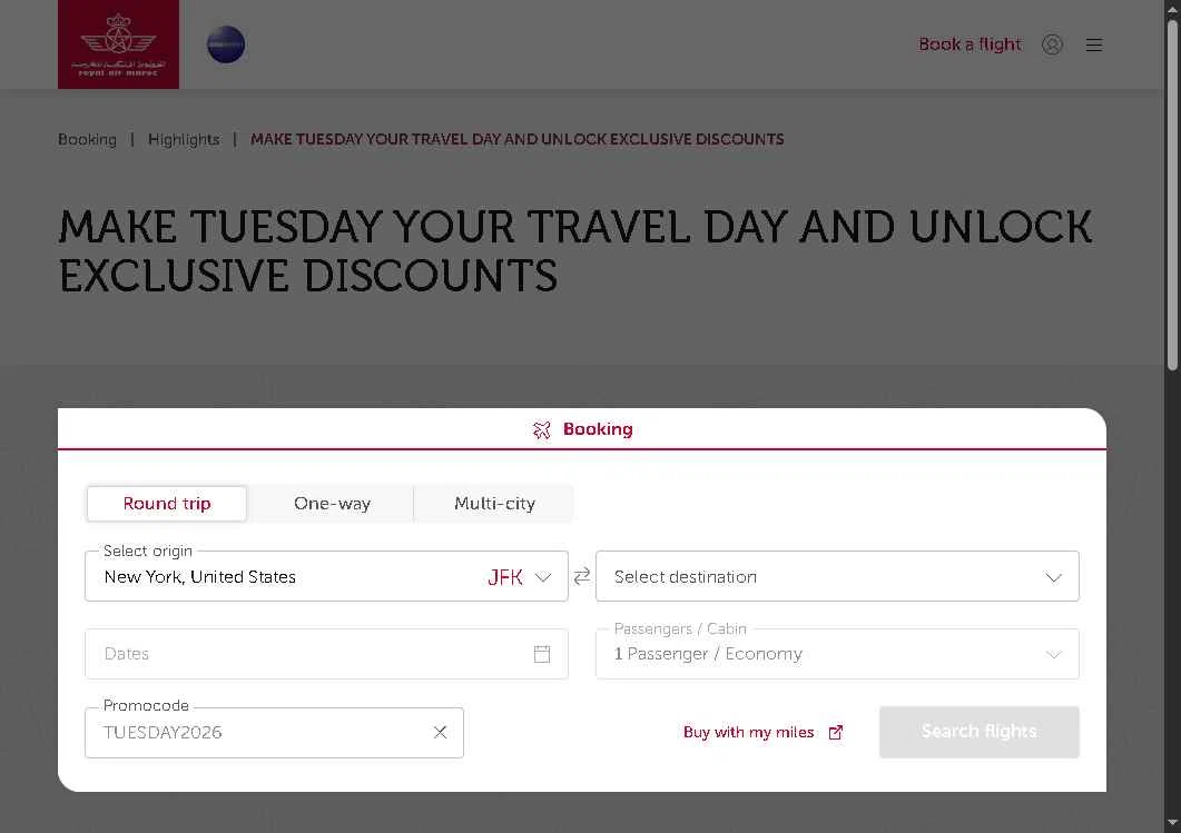 Royal Air Maroc checkout page showing Royal Air Maroc promo code box | Screenshot taken by SimplyCodes community member on Jan 28, 2026