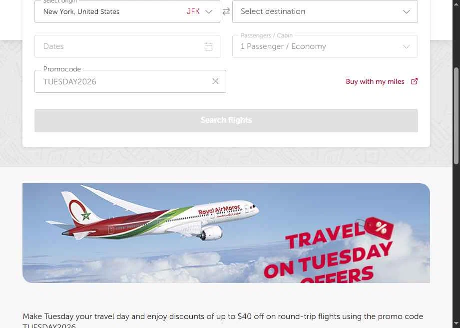 Royal Air Maroc checkout page showing Royal Air Maroc promo code box | Screenshot taken by SimplyCodes community member on Feb 25, 2026