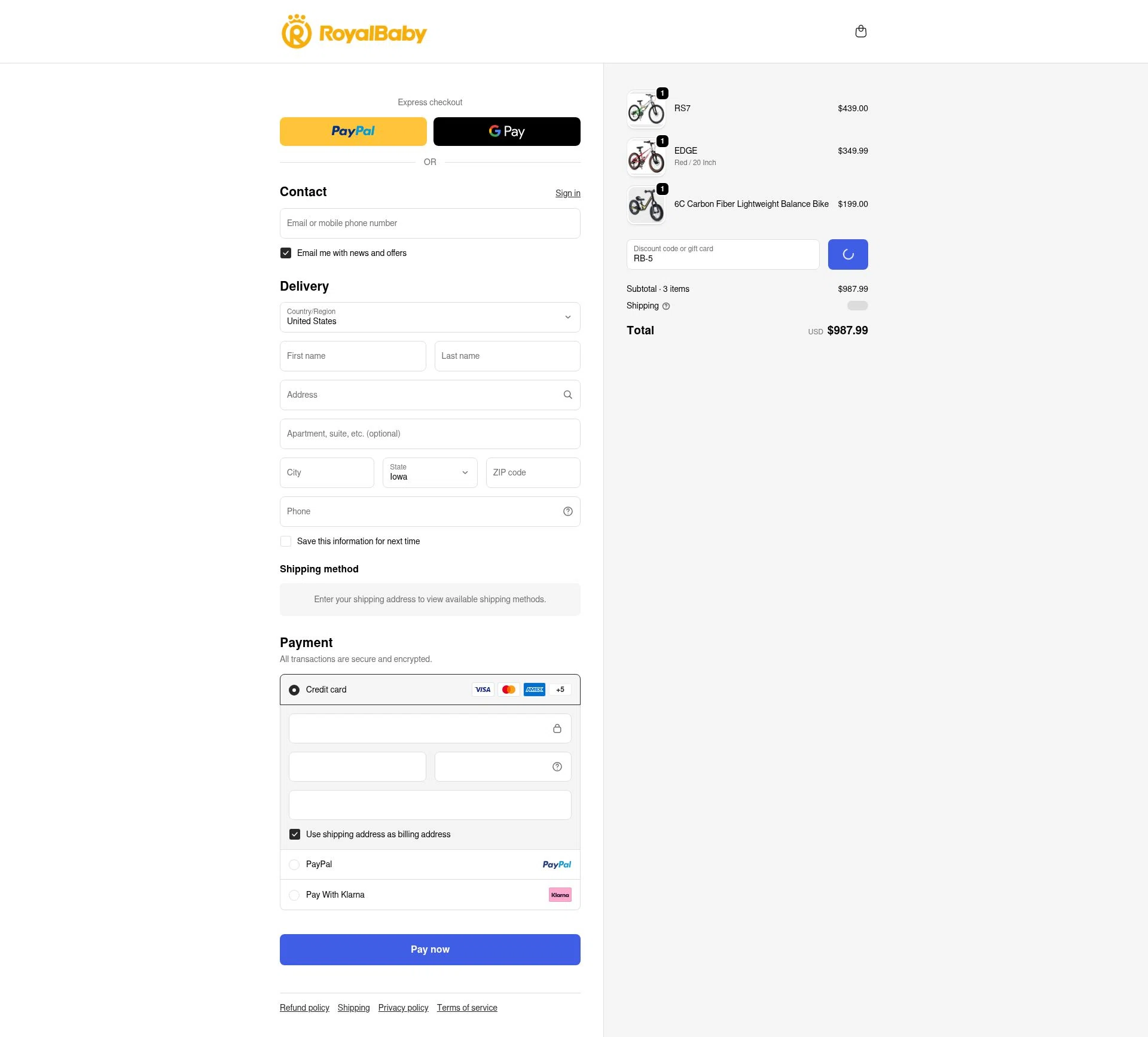 Royalbabyglobal checkout page showing Royalbabyglobal promo code box | Screenshot taken by SimplyCodes community member on Jan 27, 2026
