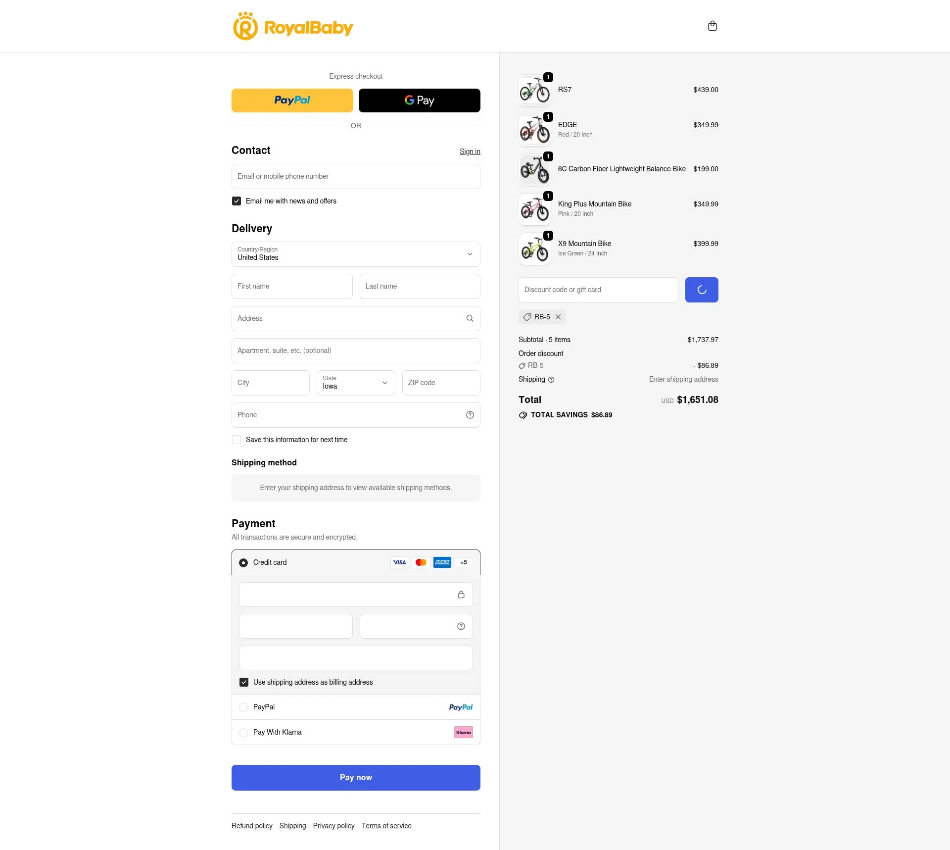 Royalbabyglobal checkout page showing Royalbabyglobal promo code box | Screenshot taken by SimplyCodes community member on Feb 5, 2026