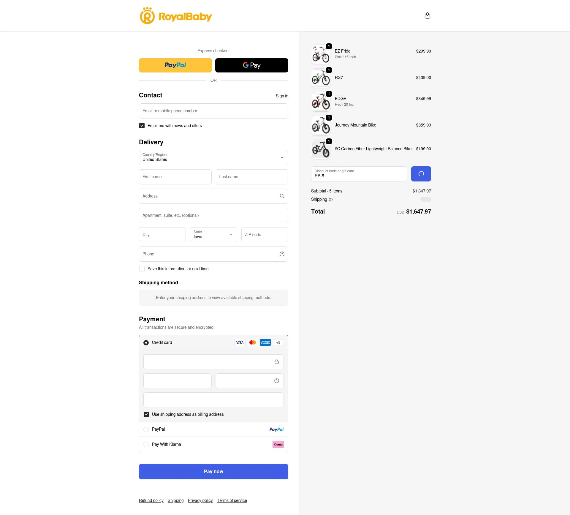 Royalbabyglobal checkout page showing Royalbabyglobal promo code box | Screenshot taken by SimplyCodes community member on Jan 23, 2026