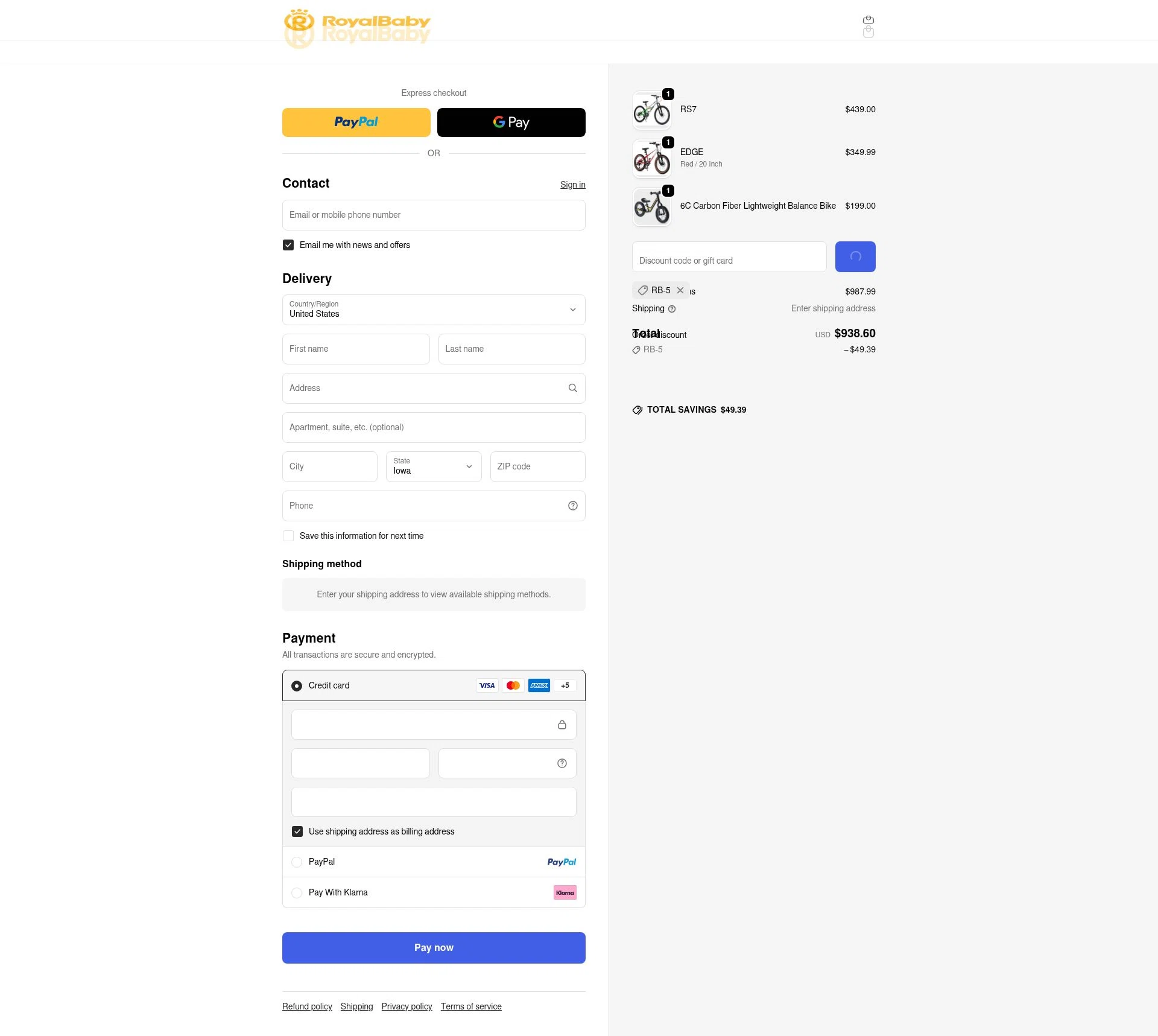 Royalbabyglobal checkout page showing Royalbabyglobal promo code box | Screenshot taken by SimplyCodes community member on Feb 1, 2026