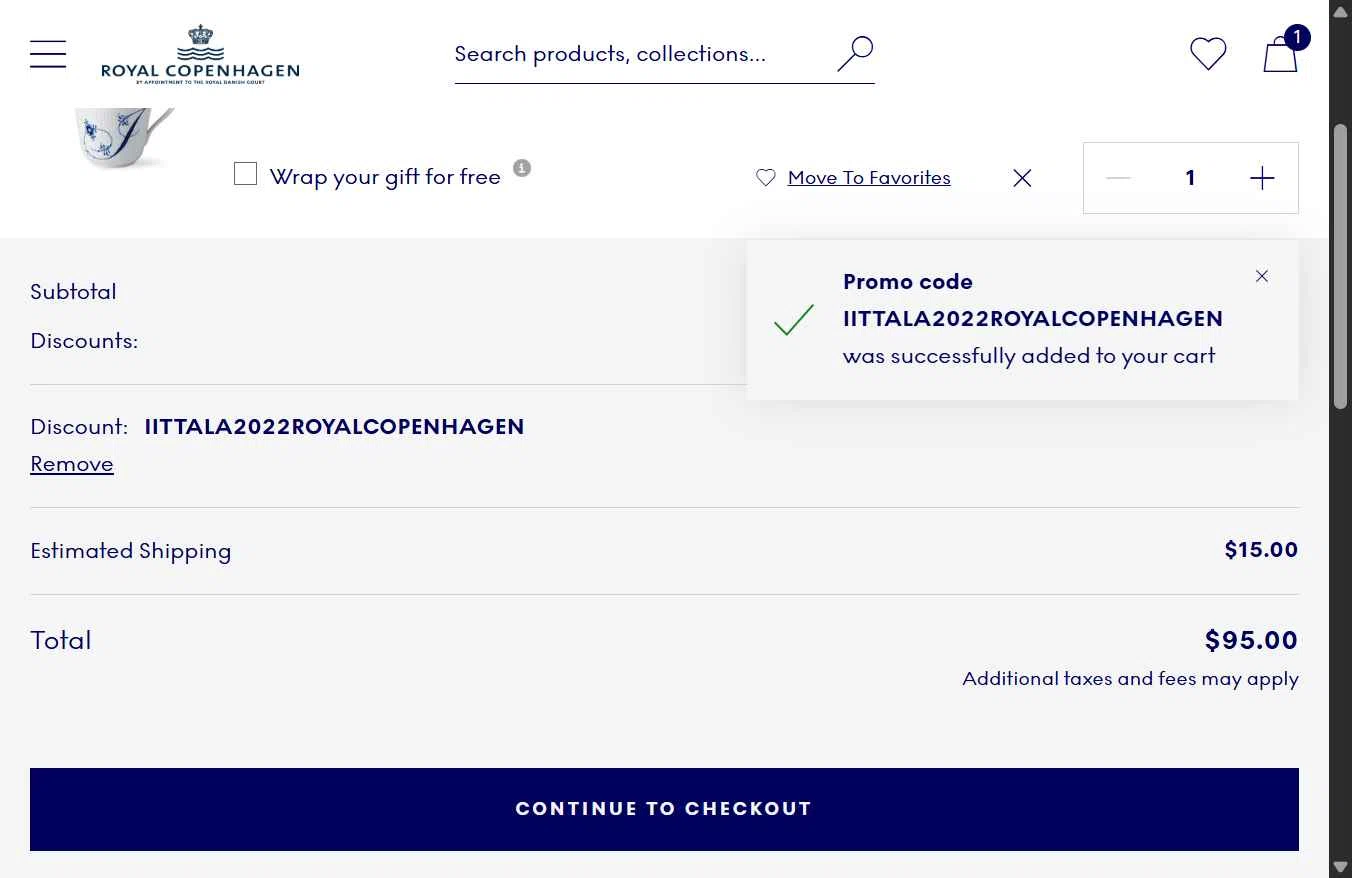 Royal Copenhagen checkout page showing Royal Copenhagen promo code box | Screenshot taken by SimplyCodes community member on Nov 27, 2025
