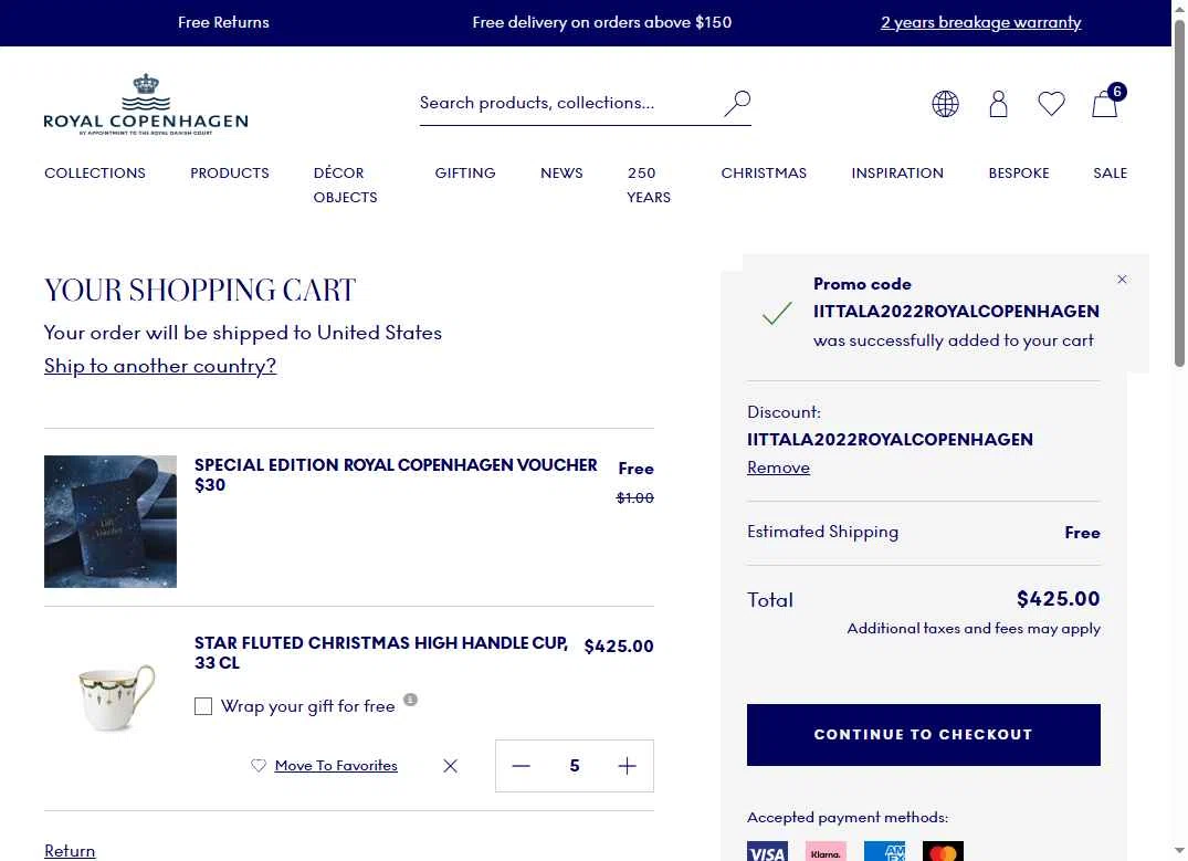 Royal Copenhagen checkout page showing Royal Copenhagen promo code box | Screenshot taken by SimplyCodes community member on Nov 1, 2025