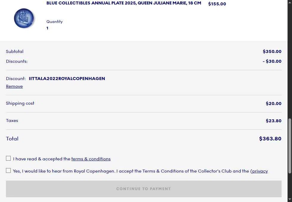 Royal Copenhagen checkout page showing Royal Copenhagen promo code box | Screenshot taken by SimplyCodes community member on Nov 10, 2025