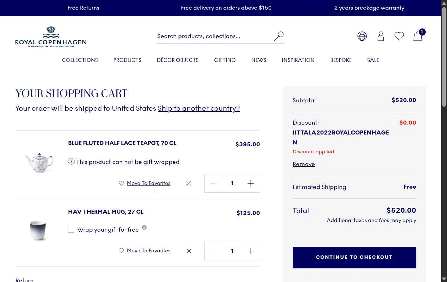 Royal Copenhagen checkout page showing Royal Copenhagen promo code box | Screenshot taken by SimplyCodes community member on Jan 3, 2026