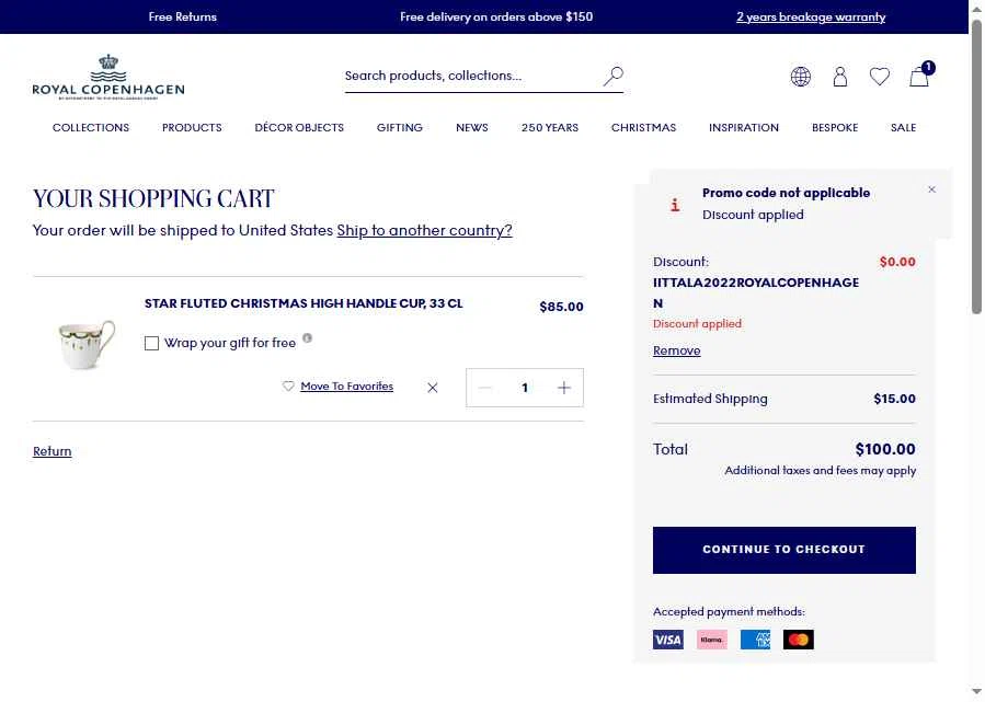 Royal Copenhagen checkout page showing Royal Copenhagen promo code box | Screenshot taken by SimplyCodes community member on Nov 1, 2025