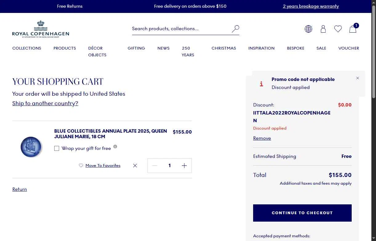 Royal Copenhagen checkout page showing Royal Copenhagen promo code box | Screenshot taken by SimplyCodes community member on Dec 3, 2025