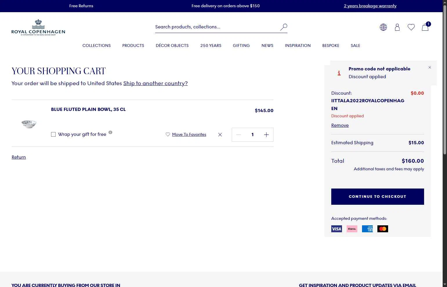 Royal Copenhagen checkout page showing Royal Copenhagen promo code box | Screenshot taken by SimplyCodes community member on Sep 19, 2025