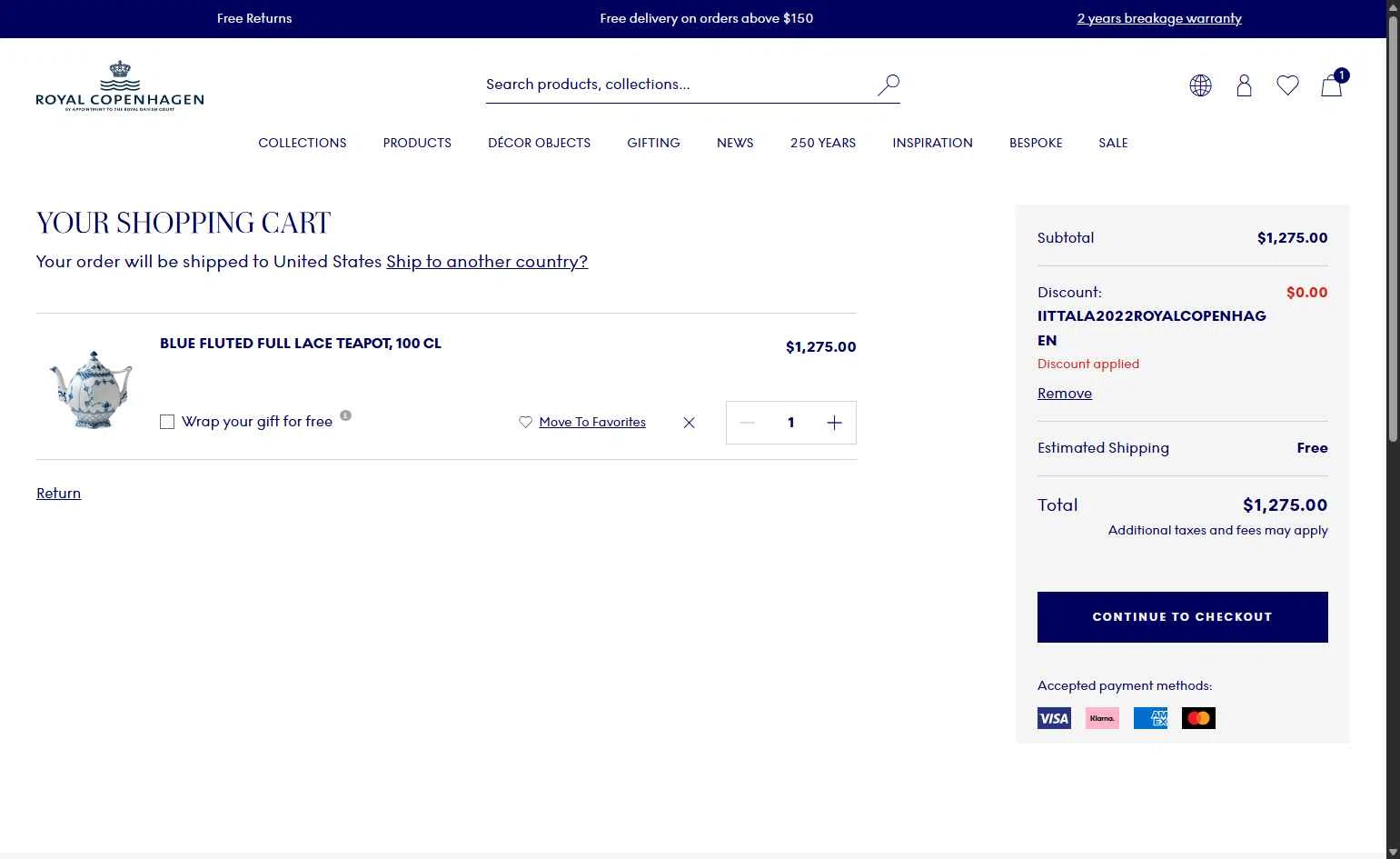 Royal Copenhagen checkout page showing Royal Copenhagen promo code box | Screenshot taken by SimplyCodes community member on Oct 6, 2025