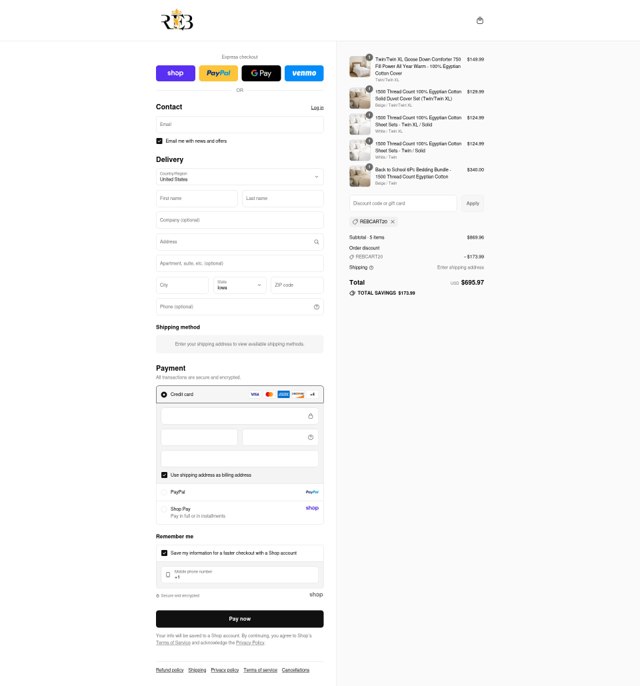 Royal Egyptian Bedding checkout page showing Royal Egyptian Bedding coupon code box | Screenshot taken by SimplyCodes community member on Sep 1, 2025