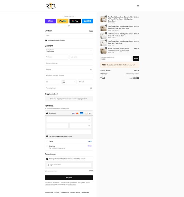 Royal Egyptian Bedding checkout page showing Royal Egyptian Bedding coupon code box | Screenshot taken by SimplyCodes community member on Sep 1, 2025