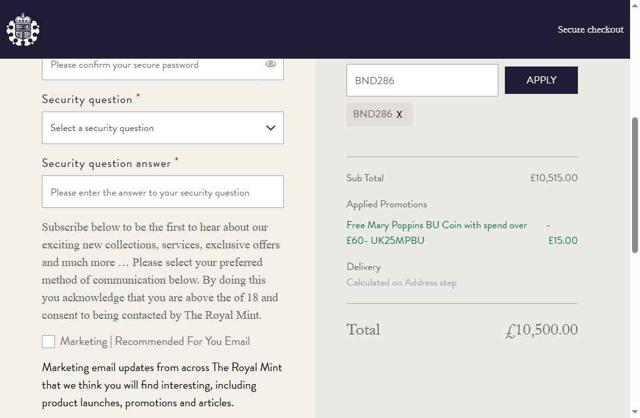 The Royal Mint checkout page showing The Royal Mint promo code box | Screenshot taken by SimplyCodes community member on Jul 15, 2025