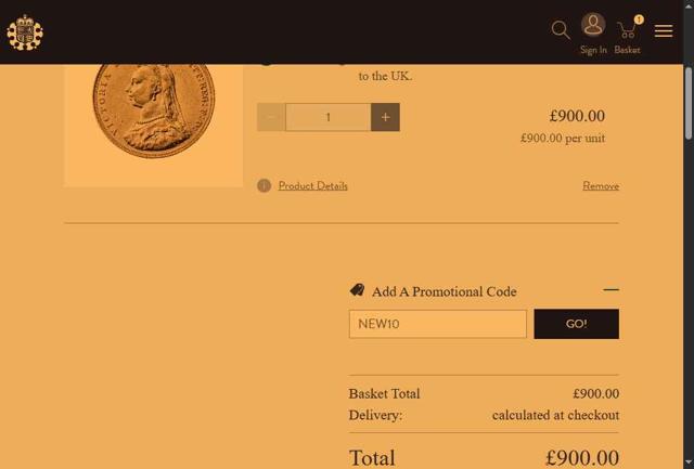 The Royal Mint checkout page showing The Royal Mint promo code box | Screenshot taken by SimplyCodes community member on Aug 8, 2025