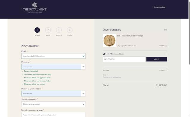 The Royal Mint checkout page showing The Royal Mint promo code box | Screenshot taken by SimplyCodes community member on Aug 8, 2025
