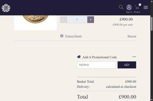 The Royal Mint checkout page showing The Royal Mint promo code box | Screenshot taken by SimplyCodes community member on Aug 20, 2025