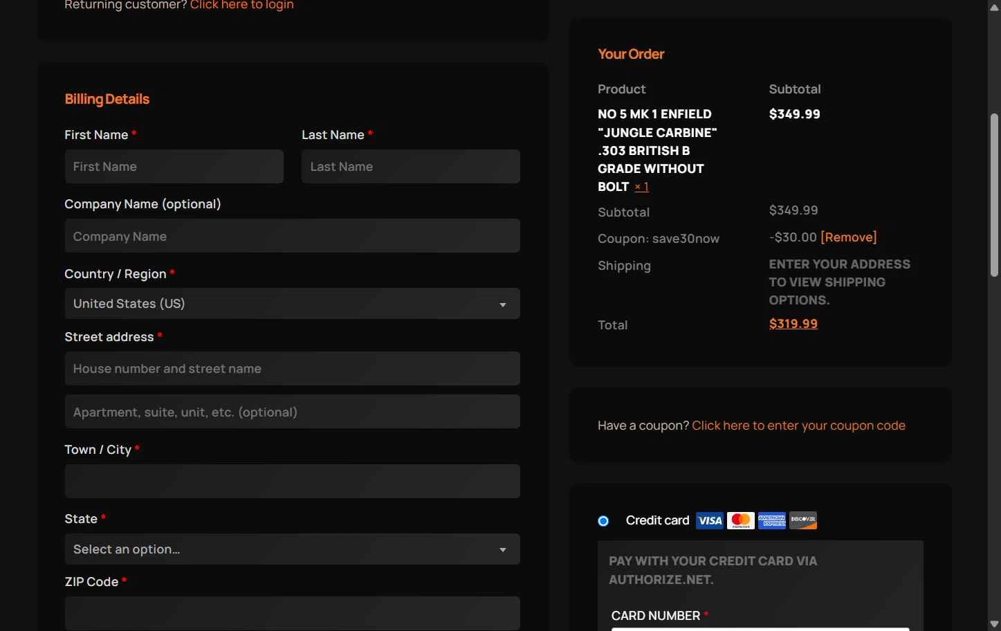 Royal Tiger Imports checkout page showing Royal Tiger Imports coupon code box | Screenshot taken by SimplyCodes community member on May 12, 2025