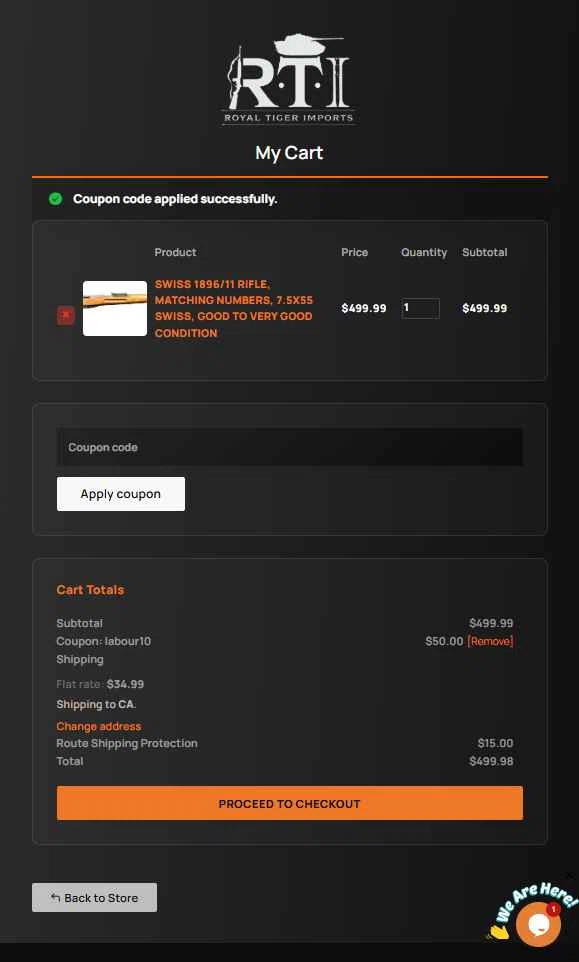 Royal Tiger Imports checkout page showing Royal Tiger Imports coupon code box | Screenshot taken by SimplyCodes community member on Sep 1, 2025
