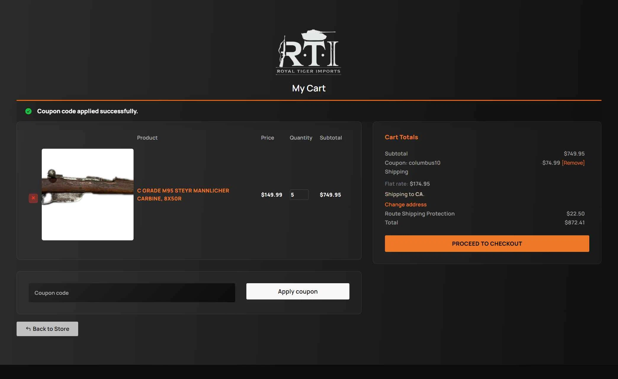 Royal Tiger Imports checkout page showing Royal Tiger Imports coupon code box | Screenshot taken by SimplyCodes community member on Oct 13, 2025