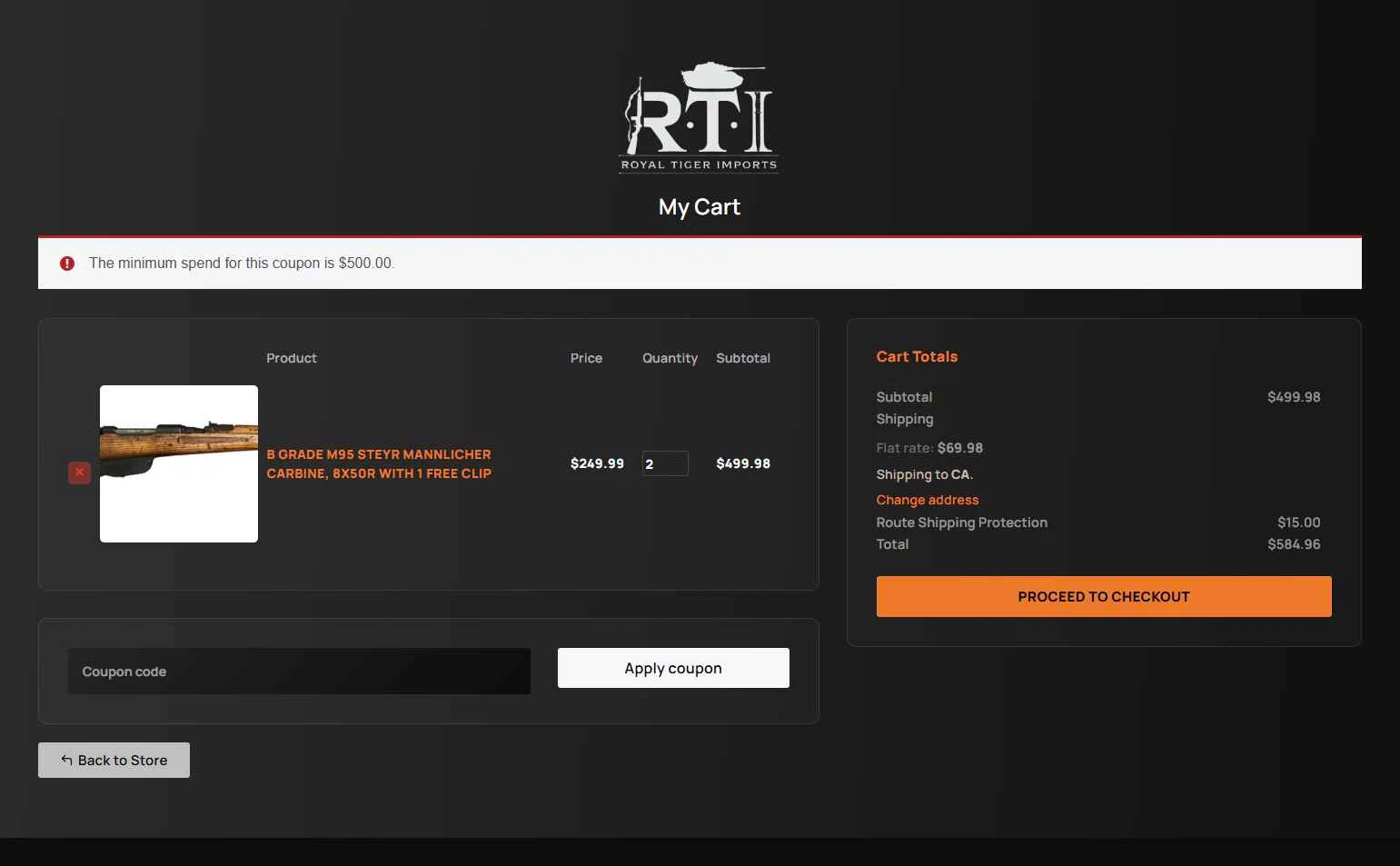 Royal Tiger Imports checkout page showing Royal Tiger Imports coupon code box | Screenshot taken by SimplyCodes community member on Oct 13, 2025