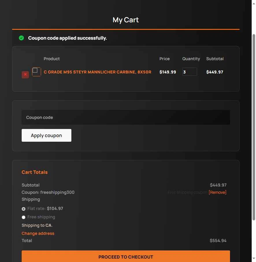 Royal Tiger Imports checkout page showing Royal Tiger Imports coupon code box | Screenshot taken by SimplyCodes community member on May 17, 2025