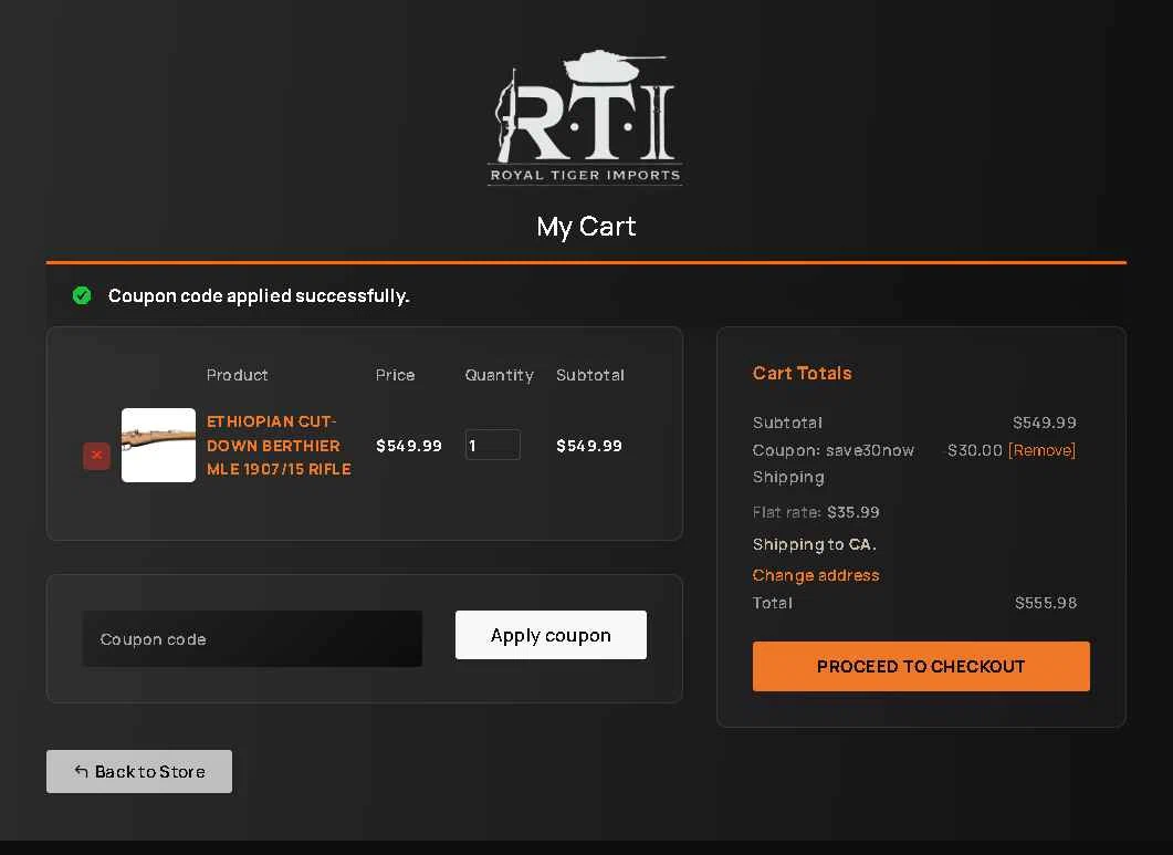 Royal Tiger Imports checkout page showing Royal Tiger Imports coupon code box | Screenshot taken by SimplyCodes community member on May 12, 2025