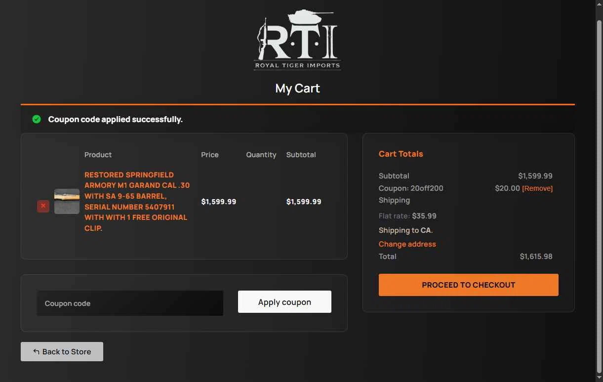 Royal Tiger Imports checkout page showing Royal Tiger Imports coupon code box | Screenshot taken by SimplyCodes community member on May 6, 2025